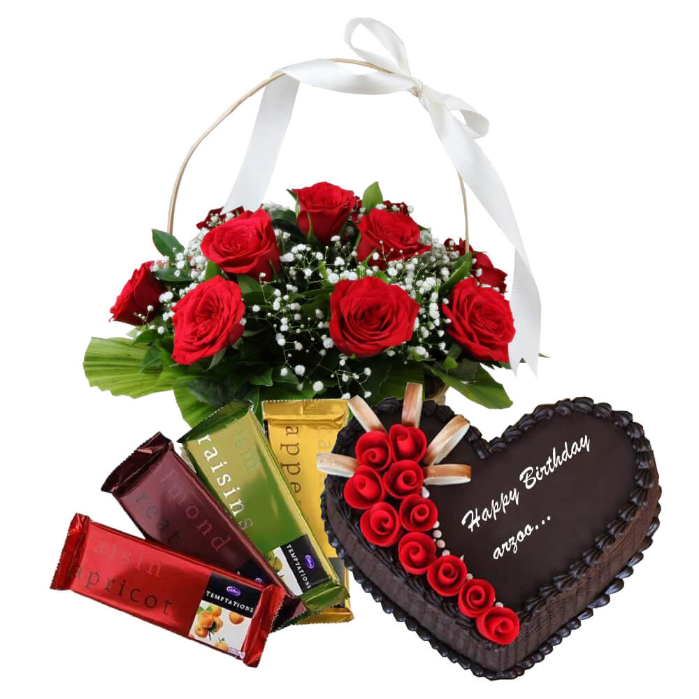 Online Basket of roses, heart shaped cake and temptation Delivery ...