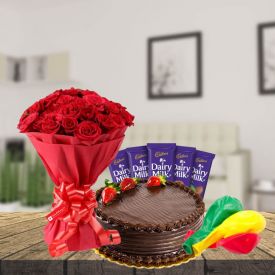 Red Roses with Chocolate truffle Cake