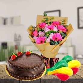 1 Kg Chocolate Cake,12pcs Mixed Flowers and 6 pcs Balloons