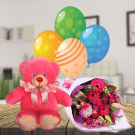 Large Teddy with mix flowers and Balloons