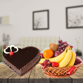 heart shape cake with fruits basket