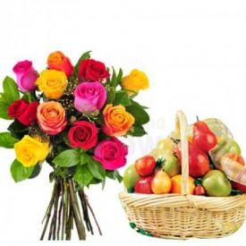 10 Red Roses and 2 Kg Mixed Fruits with Basket