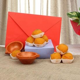 Moti Choor Laddoo 250 grams Greeting Card And 2 Diyas