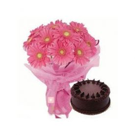 Pink Gerbera and chocolate cake