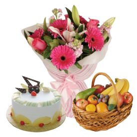 1/2 Kg Pineapple Cake,2 Kg Fruits and 12 Mixed Flowers