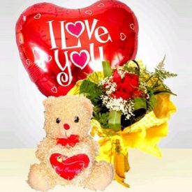 12 Roses Bouquet,10 Pcs Balloon and 6 Inch Teddy Bear