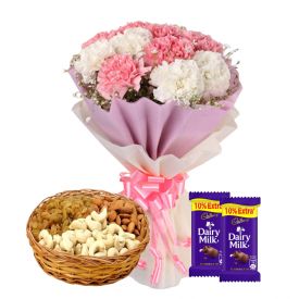 Carnations with Dry Fruits and Chocolates