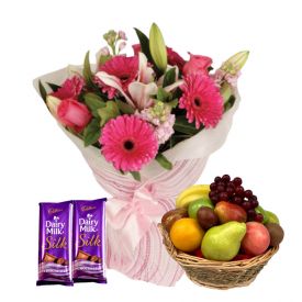 12 Mixed Gerbera,2kg Mixed Fruits and 2 Cadbury Dairy Milk Silk Chocolates