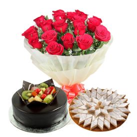 20 Red Roses, 1 Kg Chocolate Fruit cake and 1 Kg Kaju Katli