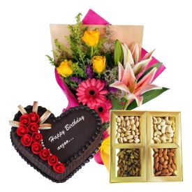 1/2 Kg Heart Shape Chocolate Cake,2o Mixed Flowers and 1/2 Kg Dry Fruits