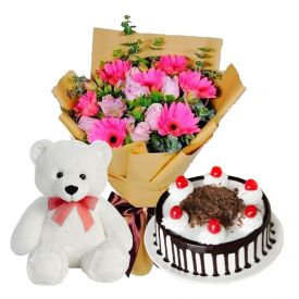 Cake, Flowers with Teddy