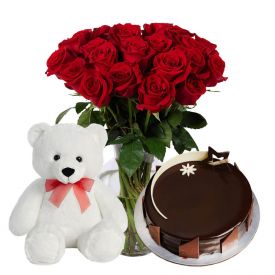 10 Red Roses in Vase, 1/2 chocolate Truffle Cake with small teddy