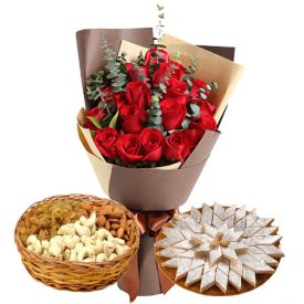 10 Red and 10 Yellow Roses, Half Kg Mixed Dry Fruits and Half kg Kaju Katli