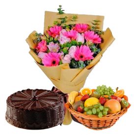12 Mixed Flowers,2 Kg Mixed Fruits and 1/2 Kg Chocolate Cake