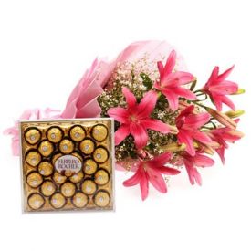 Pink lilies with ferrero rocher