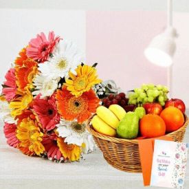 10 Mixed Gerbera and 2 Kg Mixed Fruits with Basket.