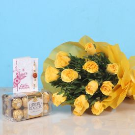 15 yellow roses,Chocolates ,Rakhi