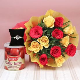 bunch of 8 pink roses, 1kg gulab jamun with 2 designer rakhi.