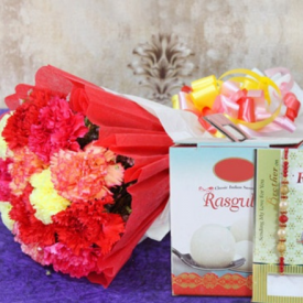 mix flowers, 1 kg laddu and designer rakhi.