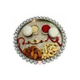 Thali of Rakhi, Roli, Tilak, Chawal and 1/2kg Dry fruits