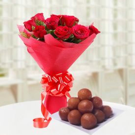 Red Roses with gulab jamun