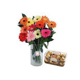 10 mixed Gerbera with Vase and Ferrero Rocher Chocolates