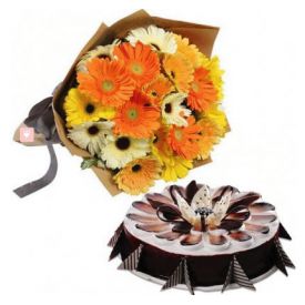 Mixed Gerbera and Chocolate Cake