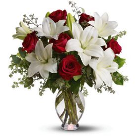 5 White lily and 10 Red Rose with vase