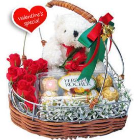10 Red Roses, 6 inch teddy bear and 16 Pcs Ferrero Rochers with Basket