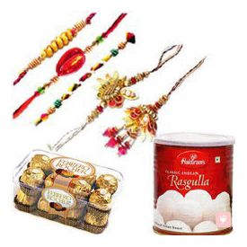 1 Box of Ferrero Rocher Chocolate 16pcs, One box of 1 kg Rasgulla Tin and Five Rakhi