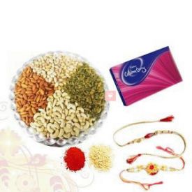 500 Mixed Dry fruits and Cadbury Celebration Pack with 2 Rakhi