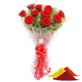 Bunch of Red Roses with Gulal