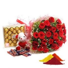 Red Roses, Ferrero Rocher,Teddy Bear,fruit n nut chocolates With Gulal