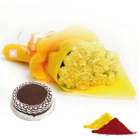 Yellow Carnation, Chocolate Cake With Gulal