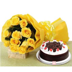 Yellow roses and Black forest cake