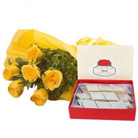 Bunch of 10 Yellow Roses with 1/2 Kg Kaju Katli