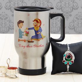 Personalized Steel Car Mug with Peacock Design Rakhi