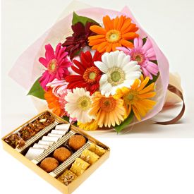 Bunch of 10 Mixed Gerbera and 1 Kg Mixed Sweets.