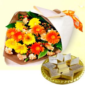 Bunch of 10 Mixed Gerbera and 1/2 Kg Kaju Katli.