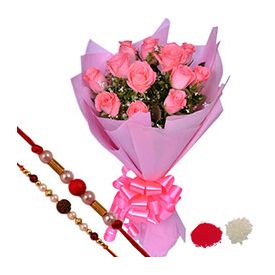 Bunch of 12 Pink Roses,Rudraksha Pearl Rakhi
