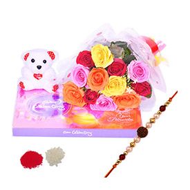 Bunch of 12 Mixed Roses,Chocolates ,Pearl Rakhi