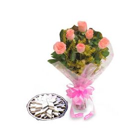 6 Pink Roses,500gm Kaju Katli