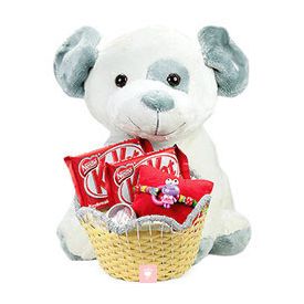 teddy bear, kit kat chocolates and designer rakhi