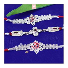 Set of 3 Intricate Stone Studded Silver Rakhis