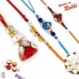 Set of 4 Rakhi including Angry Bird Kids Rakhi