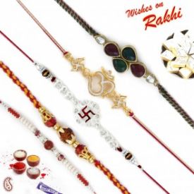 Set of 5 Kundan Studded Religious OM, Swastik & Rudraksh Rakhi