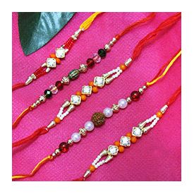 Set of 5 Rakhis,1 Pearl Rakhi, 1 colorfully Rakhi and 3 Stone