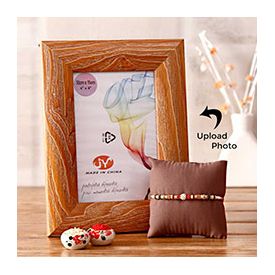 Personalized wooden border frame with lovely rakhi.