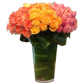 Bunch of 70 pink rose, 70 peach rose, 70 yellow rose with vase