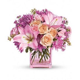 pink and lavender blooms are a sweet stylish pink glass cube vase